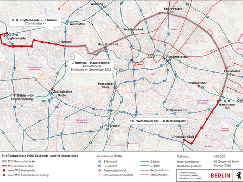 Abbildung 3: Geplante Linienführung der Straßenbahnstrecke M10 – Verbindung vom Hermannplatz bis Jungfernheide (Bild: SenMVKU / Kartengrundlage: Geoportal Berlin)