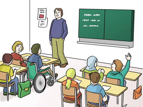 Schülerinnen und Schüler mit einem Lehrer im Klassenzimmer