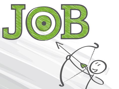 Illustration mit dem Schriftzug „Job“ und einem Strichmännchen, das mit Pfeil und Bogen darauf zielt