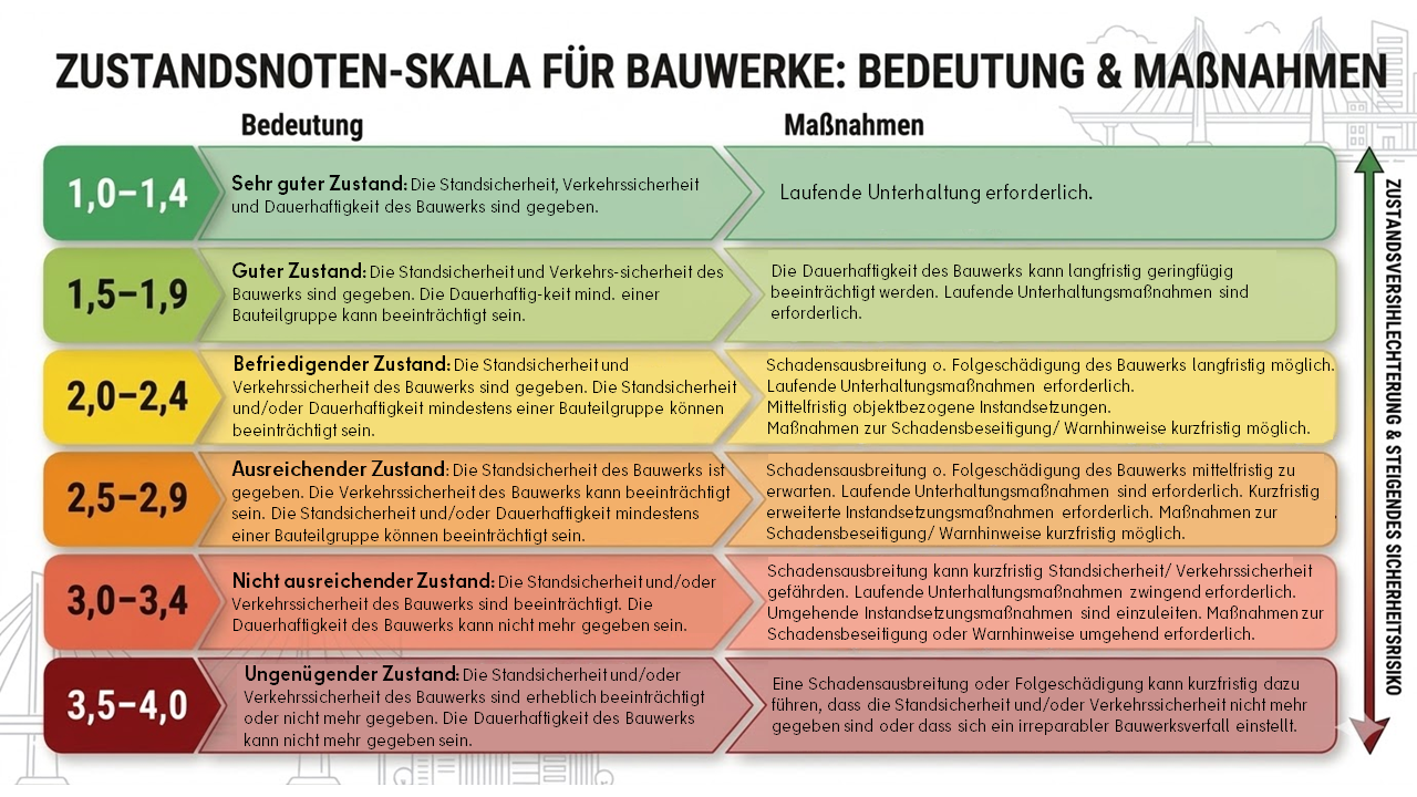 Zustandsnotenskala für Bauwerke: Bedeutung und Maßnahmen (Bild: SenMVKU (KI-generiert, Gemini))