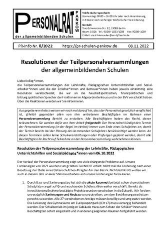 08/2022: Resolutionen der Teilpersonalversammlungen