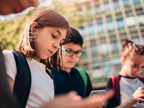 Eine Gruppe von Freunden in der Schule nutzt Smartphones