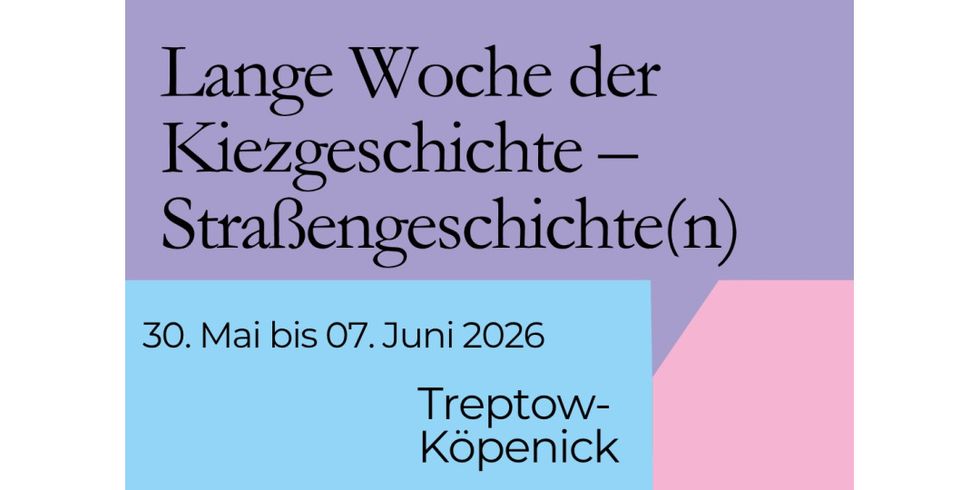 Grafik zur Langen Nacht der Kiezgeschichte mit Datum und Bezirksnennung Treptow-Köpenick
