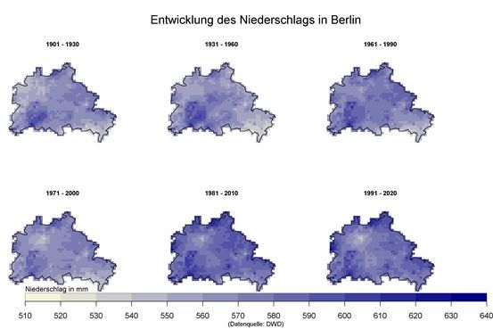 Abb. 14: Entwicklung des mittleren Niederschlags für 30-jährige Zeitperioden des Stadtgebiets Berlins, basierend auf DWD-Rasterdaten
