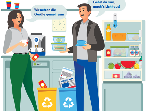 Verwaltungsmitarbeiterin und Verwaltungsmitarbeiter nutzen eine gemeinsame Teeküche