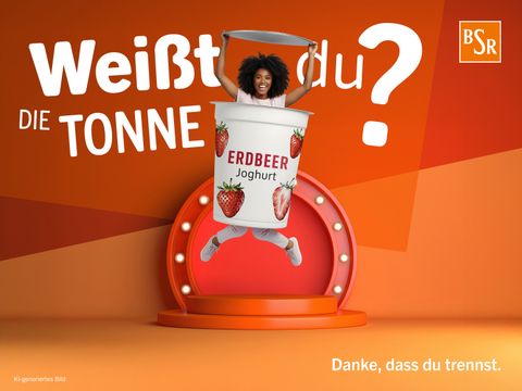 Grafik der Kampagne mit Frau in Joghurtbecher und Schriftzug „Weißt du, die Tonne?“