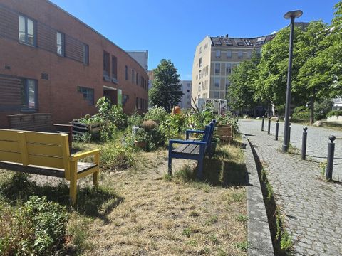 Diese Bänke haben die Nachbar*innen gemeinsam gebaut und bemalt
