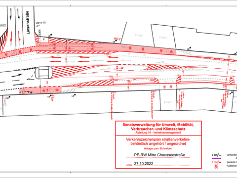 Chausseestraße: Verkehrszeichenplan für die Radverkehrsanlage zwischen Liesenstraße und Wöhlertstraße (Bild: SenUMVK)
