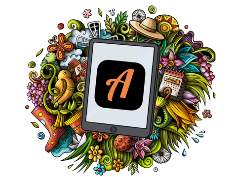 Illistraion mit Tablet und dem großen Action-Bound-Logo auf dem Bildschirm liegend auf eibnem Ball aus Pflanzen, Blüten, Vögeln, Schmetterlingen und anderen frühlingshaften Elementen