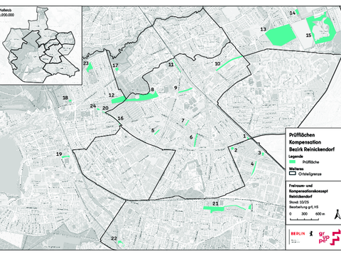 Übersicht der Prüfflächen: Die Prüfflächen umfassen die folgenden Flächentypen: Grünfläche, Friedhof, Park, Kleingarten, Gärtnerei, Landwirtschaft, Wald, Straßenbegleitgrün, Kleingewerbe, Parkplatz. (Bild: BA RDF)