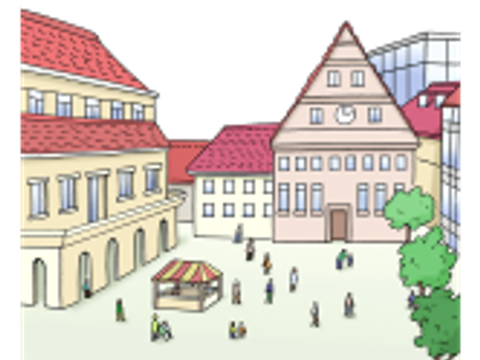 Grafik eines öffentlichen Platzes mit Menschen