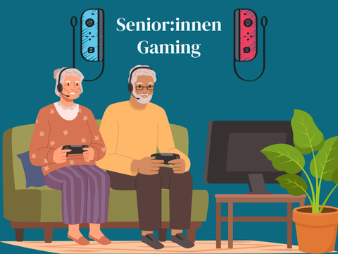 Teaserbild zum Senioren-Gaming (Illustration von 2 Senioren die ein Videospiel spielen)