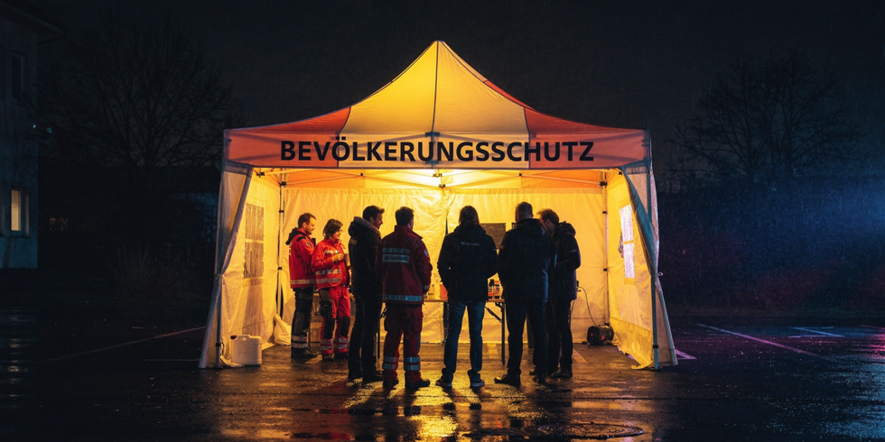 Beleuchtetes Bevölkerungsschutz-Zelt bei Nacht, mehrere Einsatzkräfte stehen darin zusammen