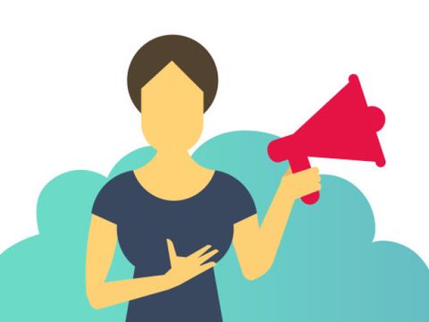 Gezeichnete Frau mit Regenschirm und gezeichnete Frau mit Lausprecher