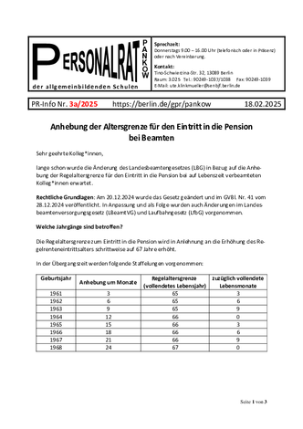 03a/2025: Anhebung der Altersgrenze für den Eintritt in die Pension bei Beamten