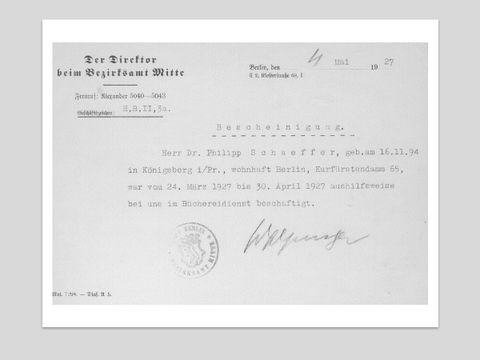 Arbeit in der Bibliothek (Bescheinigung, 1927) (Bild: Stadtbibliothek Berlin-Mitte)
