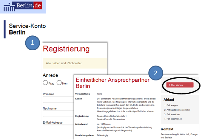 Ansicht für Registrierung und Anmeldung