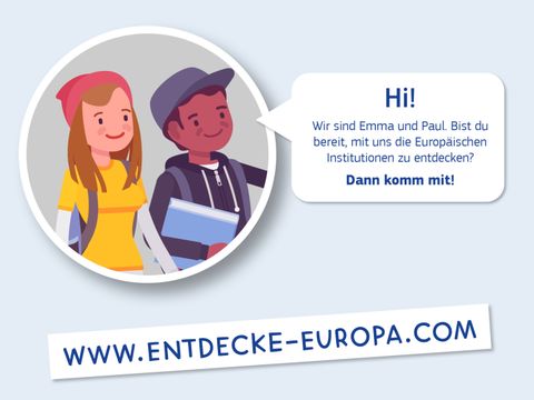 Gezeichnete Kinder und Abbildung von europ. Institutionen