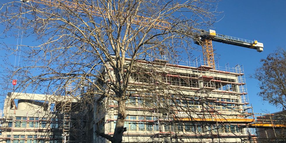 Außenansicht Kran über Compartment-Schulbau in Marzahn-Hellersdorf in Baugerüst eingekleidet