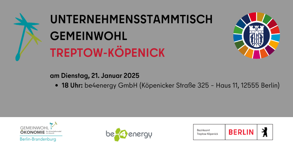 Banner zum Gemeinwohl-Unternehmens-Stammtisch mit Datum 21.01.2025