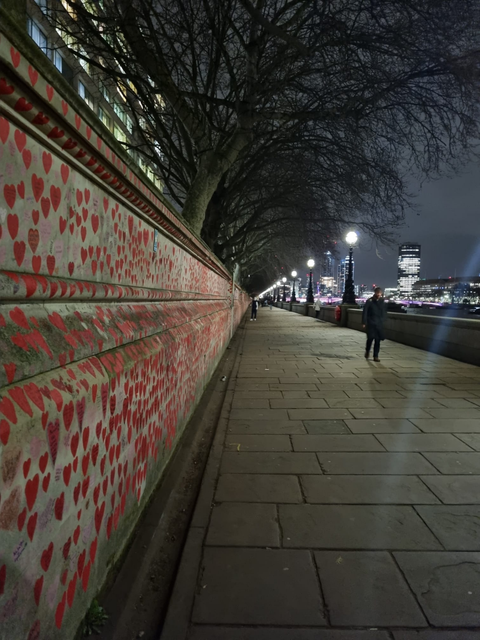 Die mehrere hundert Meter lange "Covid Memorial Wall" – Bürger*innen Londons kleben hier Herzen zur Erinnerung an die Verstorbenen an die Wand. (Bild: Alexander Diener)