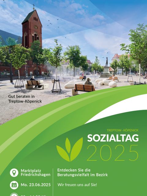 Flyer mit Bild des Marktplatzes Friedrichshagen und Daten zum Sozialtag 2025
