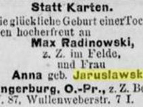 Geburtsanzeige Radinowski (Bild: Anzeige gemeinfrei)