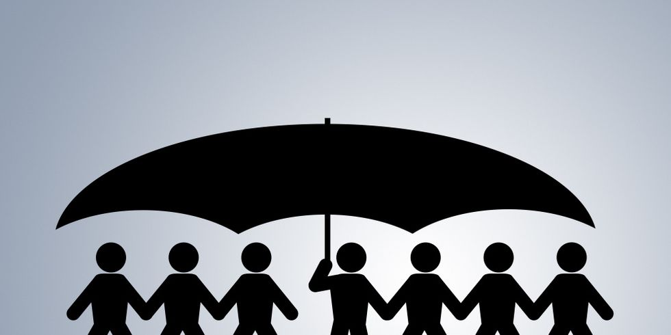 Grafik mit schwarzen Figuren unter einem Schutzschirm