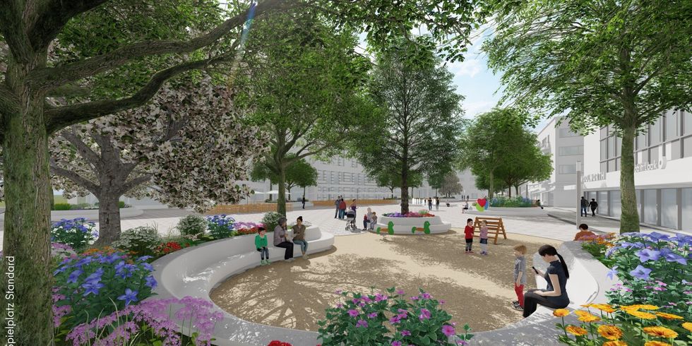 Umbau Markt Modellansicht vom Spielplatz aus