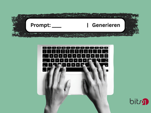 Zwei Hände auf Laptop-Tastatur. Darüber Schreibfeld für KI-Prompting.