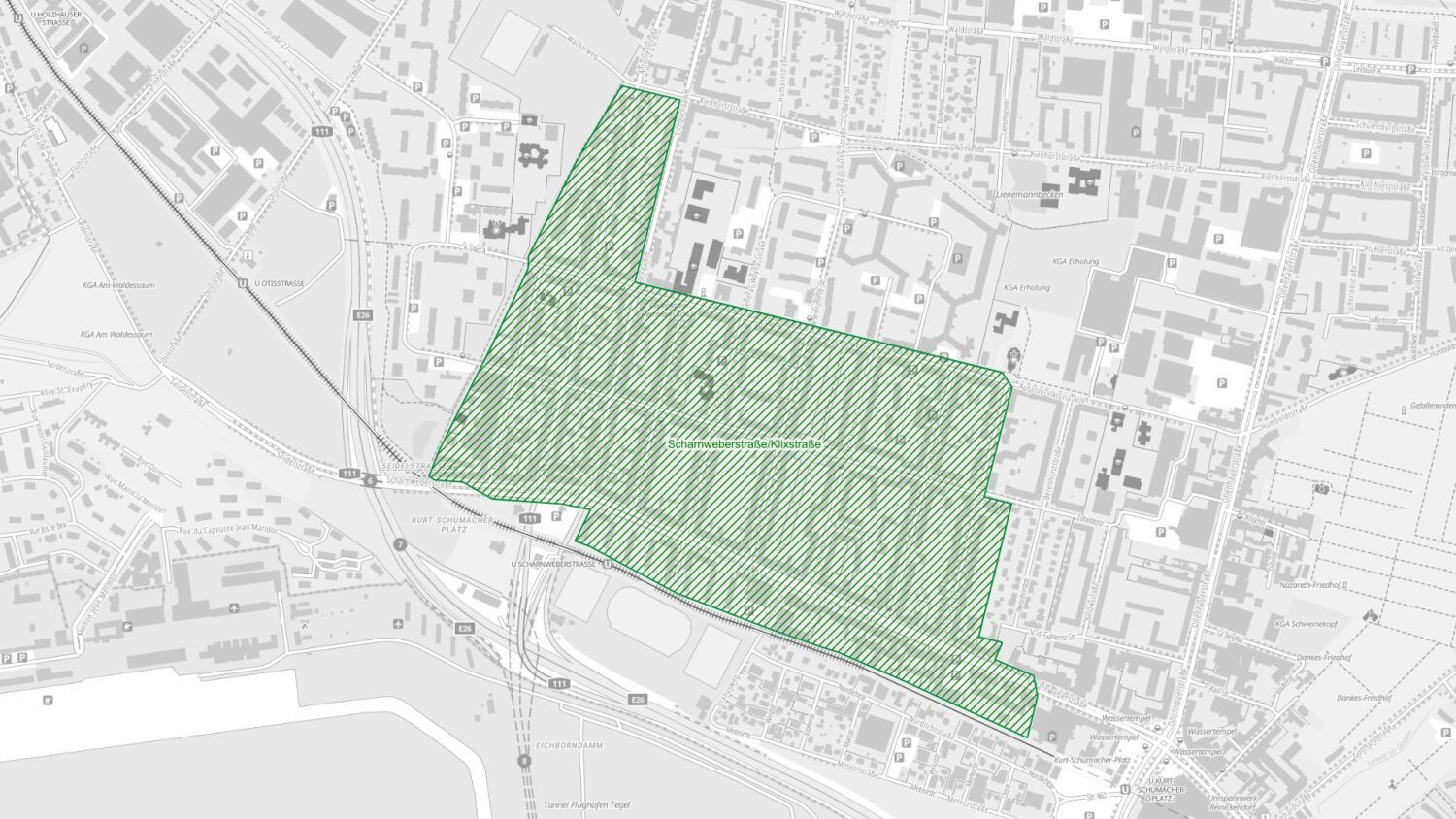 Kartenausschnitt: Soziales Erhaltungsgebiet Scharnweberstraße-Klixstraße (Bild: BA RDF)