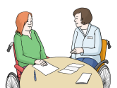 Grafik von zwei Rollstuhlfahrerinnen an einem runden Besprechungstisch