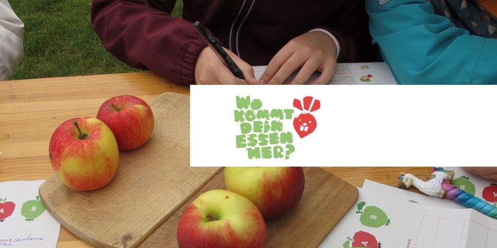 auf einem Tisch liegen Äpfel und Notizen, es trägt die Aufschrift Wo kommt Dein Essen her