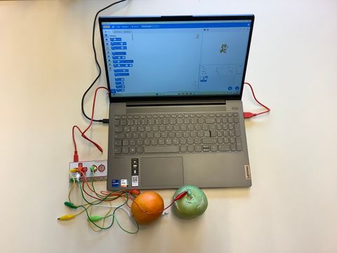 Laptop mit Obst davor - alles ist über Kabel miteinander verbunden. Auf Bildschirm sind Diagramme zu sehen.