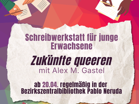Grafik mit Veranstaltungstitel mit schreibenden Händen in allen vier Ecken des Bildes