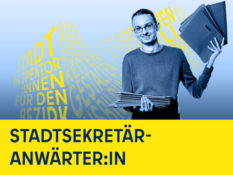Junger Mann mit Pendelmappen, Illustration, Schriftzug Stadtsekretäranwärter:in