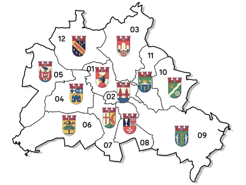 Berlinkarte mit eingezeichneten Bezirksgrenzen und -wappen