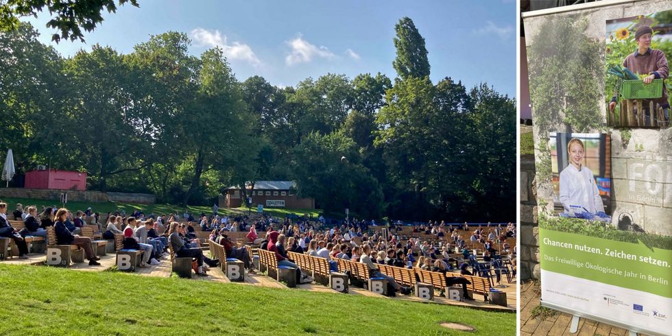 Begrüßung der neuen Teilnehmenden des Freiwilligen Ökologischen Jahres 2021/2022 Freiluftkino Friedrichshain