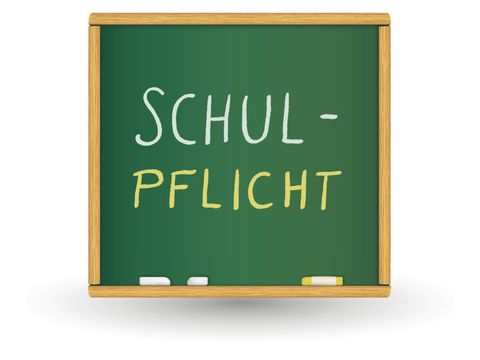Grüne Schreibtafel, auf der das Wort "Schulpflicht" in Kreide steht.