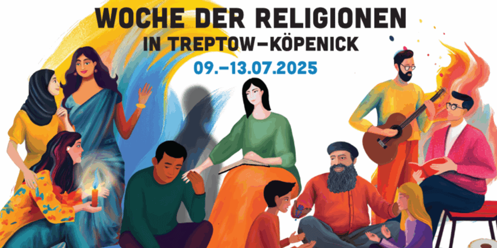 Woche der Religionen in Treptow-Köpenick; Abbildung zeigt Grafiken von Menschen aus unterschiedlichen Kulturkreisen