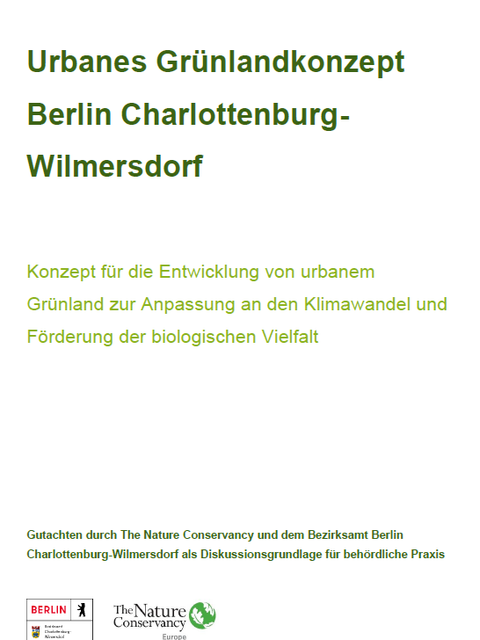 Deckblatt zum Urbanen Grünlandkonzept Berlin Charlottenburg-Wilmersdorf mit Untertitel: Konzept für die Entwicklung von urbanem Grünland zur Anpassung an den Klimawandel und Förderung der biologischen Vielfalt