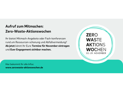 Aufruf zur Beteiligung an den Zero-Waste-Aktionswochen 2023 mit Hinweis auf Termine im November sowie Logo der Aktion