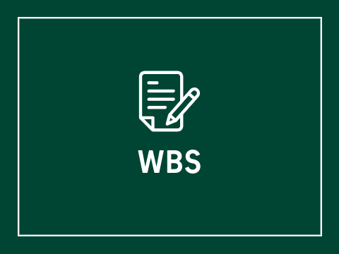 Kachel Schriftzug "WBS" als Abkürzung für Wohnberechtigungsschein, weiße Schrift auf dunkelgrünem Hintergrund. Symbol: Ein Stift schreibt auf ein Blatt Papier