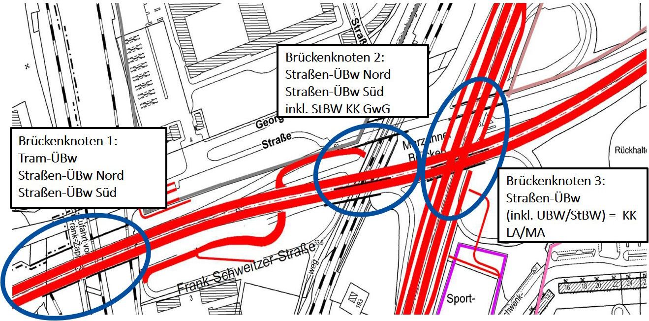 Übersicht über die drei Brückenbauwerke im Verkehrsknoten Marzahn