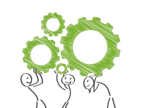 Zeichnung Männchen tragen grüne Zahnräder auf den Schultern