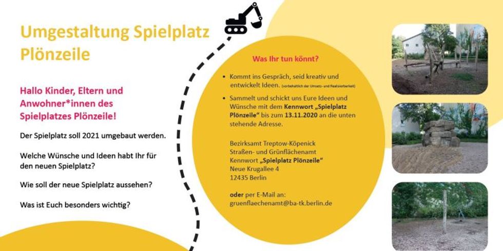 Plakat zum Beteiligungsaufruf "Sanierung des Spielplatzes Plönzeile 15a, 12459 Berlin"