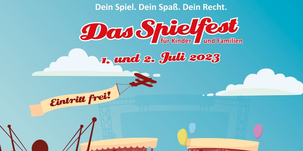 Buntes Plakat mit Das Spielfest 1. und 2. Juli 2023