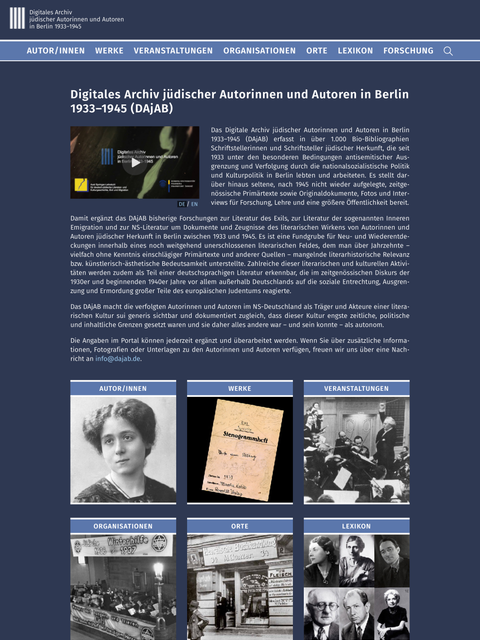 Startseite des Portals DAjAB mit Einleitungstext und verschiedenen Rubriken