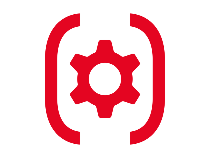 Rotes Symbol auf weißem Hintergrund: Klammer aus dem Logo von Null Müll Neukölln, in der sich die Form eines Zahnrads befindet, das für Reparatur steht.