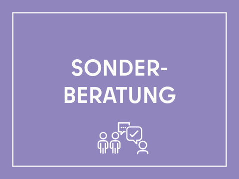 Kachel Schriftzug "Sonderberatung", Symbol: Figuren mit Sprechblasen. Weiße Schrift auf violettem Hintergrund